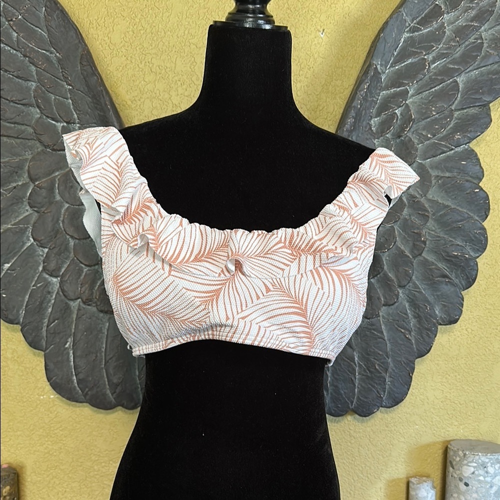 Roxy Ruffled White and brown swim Top